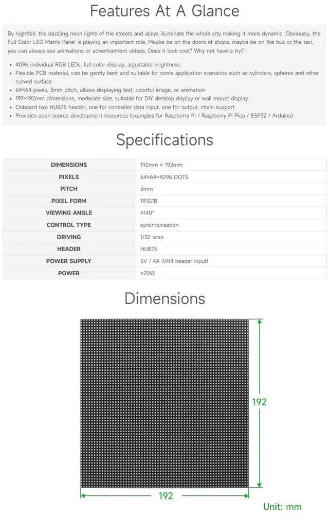 Alt view image 4 of 5 - Waveshare Flexible RGB Full-Color LED Matrix Panel, 3mm Pitch, 64×64 Pixels, Adjustable Brightness and Bendable PCB, Compatible with Raspberry Pi 5/4B/3B/Zero/Zero W/Zero 2W/Pico/Pico W/Pico WH