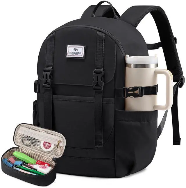 Main image of LOVEVOOK School Backpack for Teen Girls, Waterproof Travel College Bookbag for Middle High School with Large Cup Holder & Pencil Case, Fits 15.6'' Laptop, Cute Aesthetic Kids Student Backpack