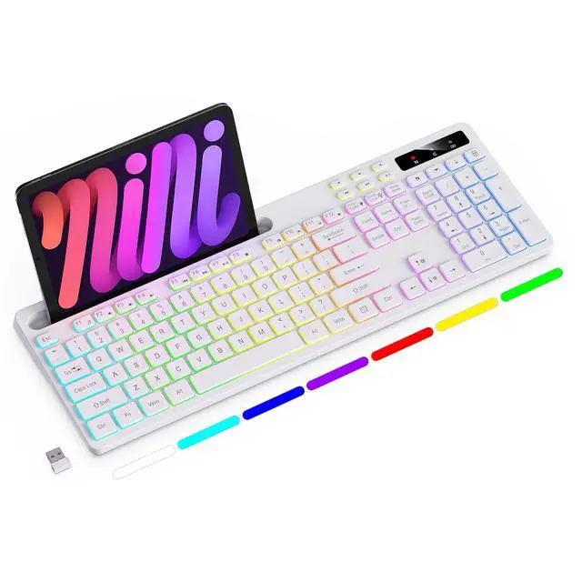 Main image of Soueto Wireless Keyboard with 7-Color RGB Backlit, Full-Size Computer Keyboard with Phone Tablet Holder, 2.4G Rechargeable Gaming Keyboard with Light Up Keys, Compatible with Mac, Windows (White)