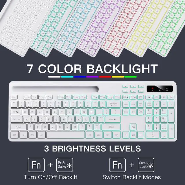 Alt view image 2 of 5 - Soueto Wireless Keyboard with 7-Color RGB Backlit, Full-Size Computer Keyboard with Phone Tablet Holder, 2.4G Rechargeable Gaming Keyboard with Light Up Keys, Compatible with Mac, Windows (White)