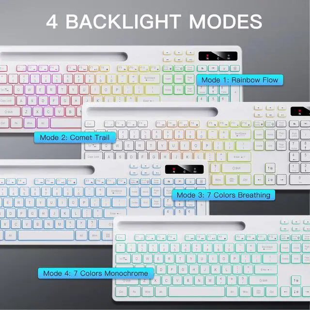 Alt view image 3 of 5 - Soueto Wireless Keyboard with 7-Color RGB Backlit, Full-Size Computer Keyboard with Phone Tablet Holder, 2.4G Rechargeable Gaming Keyboard with Light Up Keys, Compatible with Mac, Windows (White)