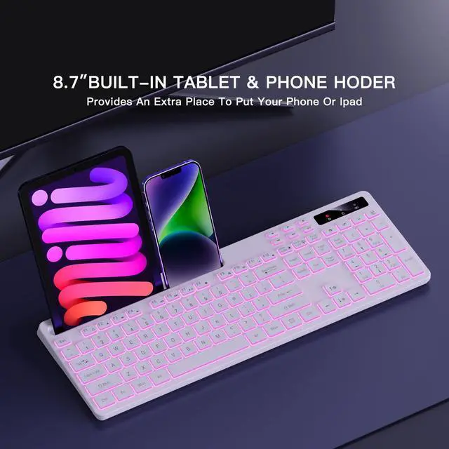 Alt view image 4 of 5 - Soueto Wireless Keyboard with 7-Color RGB Backlit, Full-Size Computer Keyboard with Phone Tablet Holder, 2.4G Rechargeable Gaming Keyboard with Light Up Keys, Compatible with Mac, Windows (White)