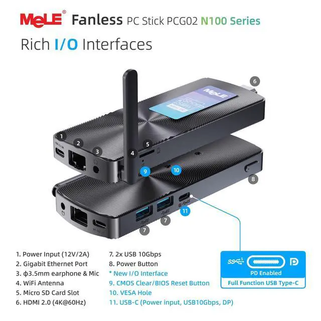 Alt view image 5 of 5 - MeLE Upgraded PCG02 Fanless Mini PC Stick with Windows 11 Pro, Celeron N100 PC 8GB 256GB Micro Desktop Computer, Full Functional USB-C, Gigabit Ethernet BT5.1 on Business Office Industrial IoT Home