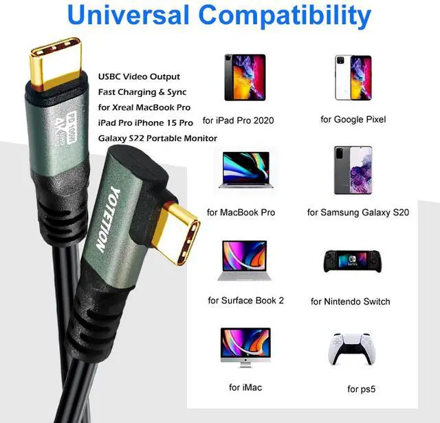 Alt view image 4 of 5 - YOTETION USB C-C 20ft 90° Right Angle Cable Type C 4K60Hz Aluminum Connector, Aluminum Alloy Case, 100W PD Fast Charging & Data Sync (10Gbps) Available for MacBook, iPad Pro, Galaxy S24