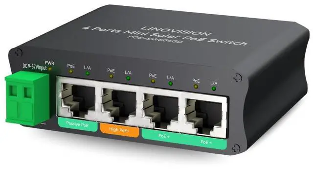 Main image of LINOVISION 4 Ports Mini Solar PoE Switch Works Directly with DC12V or DC24V Batteries, Provide 2 PoE+ Ports, 1 High PoE+ Port for Big PTZ Cameras and 1 Passive 24V PoE Port for Bridge