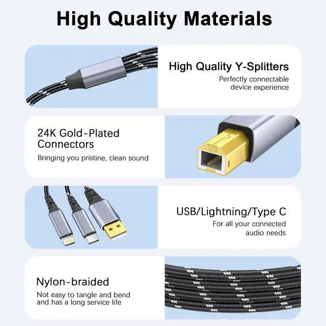 Alt view image 4 of 5 - DCNETWORK Printer Cable 10FT,USB C & USB-A to USB-B CableHigh Speed Nylon Braided Scanner Printer Cord for HP Canon Dell Epson Brother Lexmark Xerox Samsung Piano DAC & More