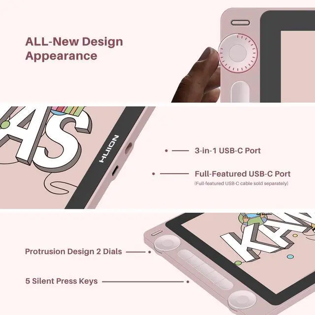 Alt view image 5 of 5 - HUION Kamvas 13 (Gen 3) Drawing Tablet with Screen, Full-Laminated Graphic Tablet with Anti-Sparkle Canvas Glass, PenTech 4.0, 16384 Pen Pressure, Dual Dial & 5 Custom Keys for PC, Mac, Android, Pink