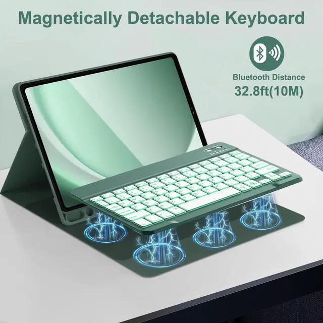 Alt view image 4 of 5 - Galaxy Tab A9 Plus Case with Keyboard 5G 11 Inch 2023 (SM-X210/X216/X218), 7 Color Backlit Detachable Tablet Keyboard Cover with S Pen Holder for Samsung Galaxy Tab A9+ 11" (Dark Green)