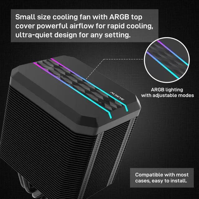 Alt view image 2 of 5 - ALSEYE M90 CPU Cooler, Hidden Fan Designed Dual Tower Air-Cooled CPU Cooler with ARGB Light Effect Cover Compatible with Both Intel and AMD Platform, LGA1700 Supported (M90 Black)