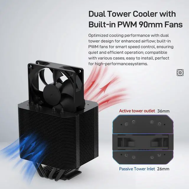 Alt view image 3 of 5 - ALSEYE M90 CPU Cooler, Hidden Fan Designed Dual Tower Air-Cooled CPU Cooler with ARGB Light Effect Cover Compatible with Both Intel and AMD Platform, LGA1700 Supported (M90 Black)