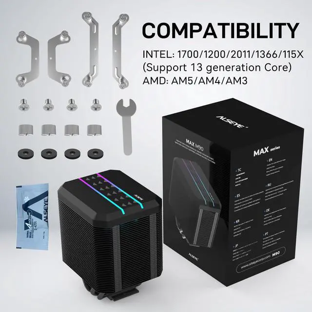 Alt view image 5 of 5 - ALSEYE M90 CPU Cooler, Hidden Fan Designed Dual Tower Air-Cooled CPU Cooler with ARGB Light Effect Cover Compatible with Both Intel and AMD Platform, LGA1700 Supported (M90 Black)