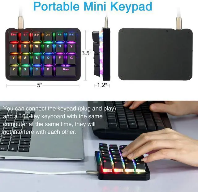 Alt view image 2 of 5 - Koolertron One Handed Macro Mechanical Keyboard, RGB LED Backlit Portable Mini One-Handed Mechanical Gaming Keypad 23 Fully Programmable Keys Red Switches (RGB Backlit/Red switches)