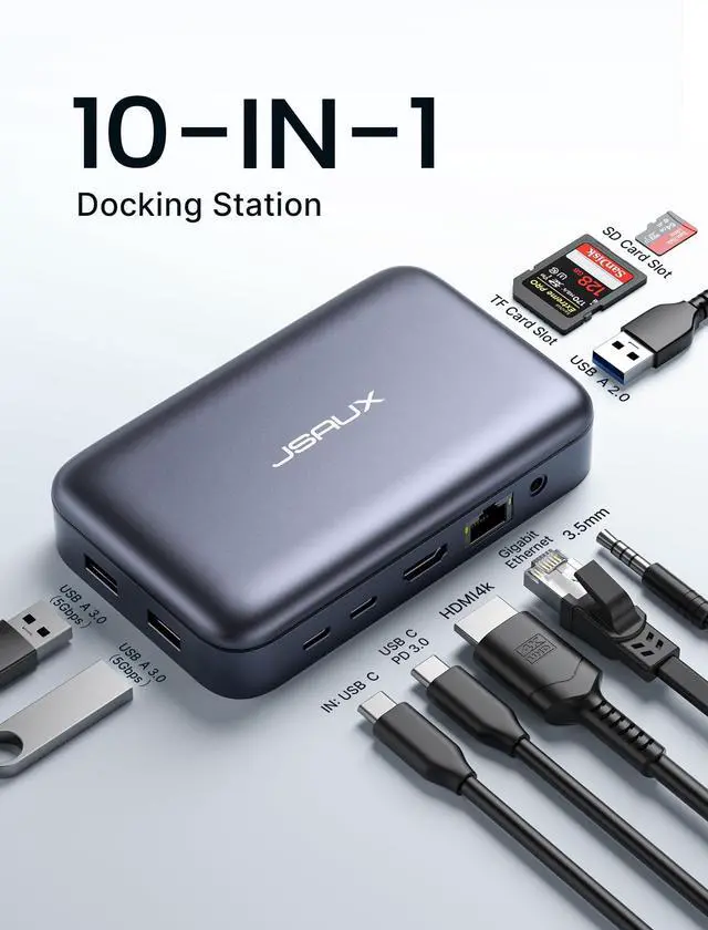 Alt view image 2 of 5 - JSAUX Laptop USB C Docking Station, 10 in 1 USB C Magnetic Hub with 4K@60hz HDMI, 100W PD, USB A&C 3.0, 1000Mbps Ethernet, SD/TF, for HP/MacBook/Dell/Lenovo etc