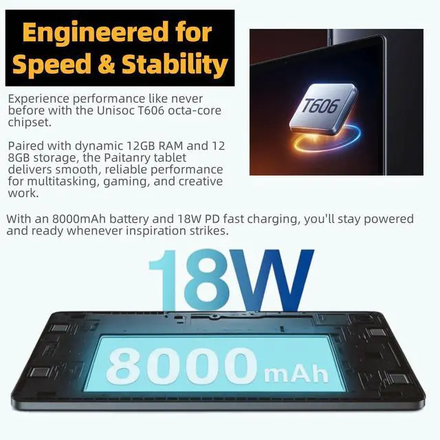 Alt view image 4 of 5 - Android 15 Tablet, 11 Inch Tablets, Android Tablet for Adults with Case, 12GB RAM 128GB ROM (1TB Expandable), T606 Octa-Core, 8000mAh Battery, 5G WiFi, 13MP Camera, 18W Fast Charging
