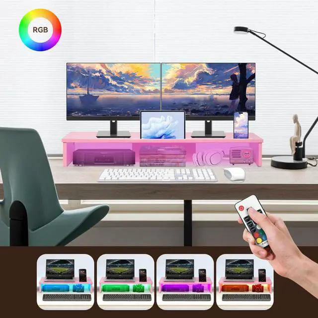 Alt view image 3 of 5 - TV Riser Stand with LED Lights, 42.5in Super Large Monitor Stand with Phone Tablet Holder, Tabletop TV Stand Riser for Desk, Desktop Organizer for Computer, TV, Laptop, Printer