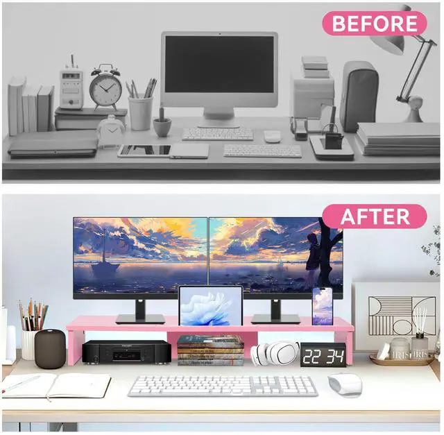 Alt view image 4 of 5 - TV Riser Stand with LED Lights, 42.5in Super Large Monitor Stand with Phone Tablet Holder, Tabletop TV Stand Riser for Desk, Desktop Organizer for Computer, TV, Laptop, Printer