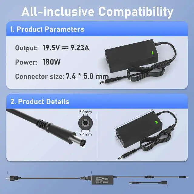 Alt view image 3 of 5 - 180W Power Adapter Cord for Dell Dock WD19 WD19S WD19TB WD19TBS WD19DCS WD22TB4 WD15 SD25 WD25 D6000 D6000S TB15 TB16 Business Thunderbolt/Universal Docking Station TB18DC K16A K16A001 K17A001 SD25TB4