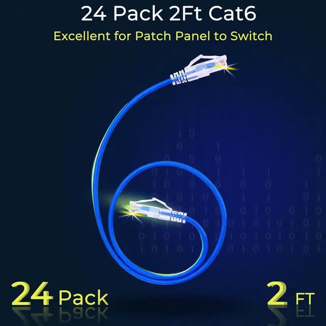 Alt view image 2 of 5 - Rapink Patch Cables Cat6/ Cat6a 2ft (24 Pack) Slim, Cat6a Ethernet Patch Cable 10G Support, Snagless Cat 6 Patch Cable for Patch Panel to Switch, Flexiable Cat6 Ethernet Cable Blue