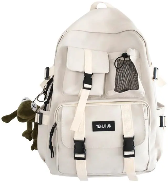 Main image of MININAI Aesthetic Backpack with Cute Frog Pendant for Women Men Preppy Laptop Backpack Japanese Harajuku College Backpack (Beige,One Size)