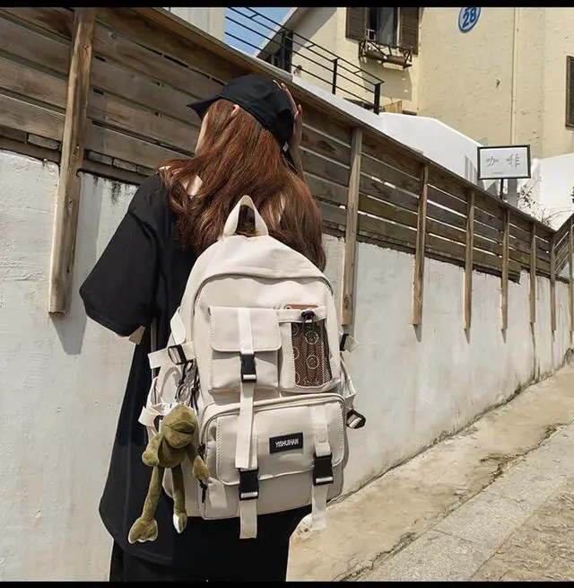 Alt view image 2 of 5 - MININAI Aesthetic Backpack with Cute Frog Pendant for Women Men Preppy Laptop Backpack Japanese Harajuku College Backpack (Beige,One Size)