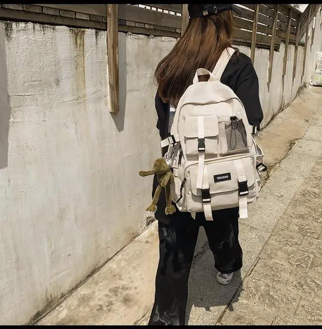 Alt view image 3 of 5 - MININAI Aesthetic Backpack with Cute Frog Pendant for Women Men Preppy Laptop Backpack Japanese Harajuku College Backpack (Beige,One Size)