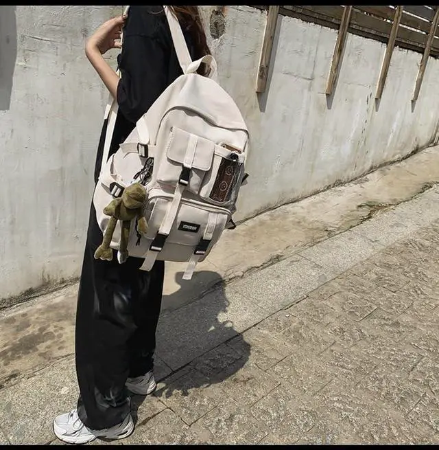 Alt view image 4 of 5 - MININAI Aesthetic Backpack with Cute Frog Pendant for Women Men Preppy Laptop Backpack Japanese Harajuku College Backpack (Beige,One Size)