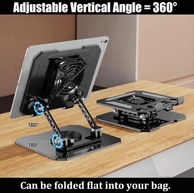 Alt view image 5 of 5 - 360° Rotating Tablet Desk Stand Holder with USB CoolerCarbon Steel Frame Dual Rod Mount Support for iPad Pro 13 12 11 Air Mini 5 4 3 Samsung Tab E-Reader (Silver with Built-in Cooler)