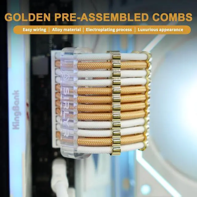 Alt view image 4 of 5 - Sirlyr PSU Cable Extension Kit - Premium Sleeved PC Cable Extensions (24Pin ATX×1,8Pin EPS×2/GPU×2) with Metal Pre-Installed Cable Combs for Custom PC Builds Golden White Color