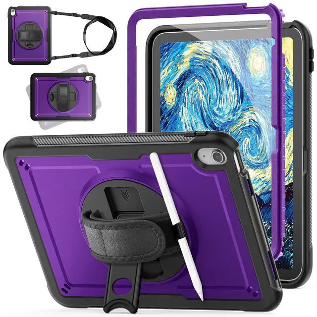 Main image of KAIJIAbox Compatible with iPad A16 Case 11th/10th Generation 11/10.9 Inch 2025/2022, Heavy Duty Full-Body Protective Case with Screen Protector, Rotate Hand Strap & Stand, Pencil Holder, Purple
