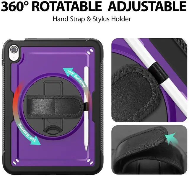 Alt view image 2 of 5 - KAIJIAbox Compatible with iPad A16 Case 11th/10th Generation 11/10.9 Inch 2025/2022, Heavy Duty Full-Body Protective Case with Screen Protector, Rotate Hand Strap & Stand, Pencil Holder, Purple