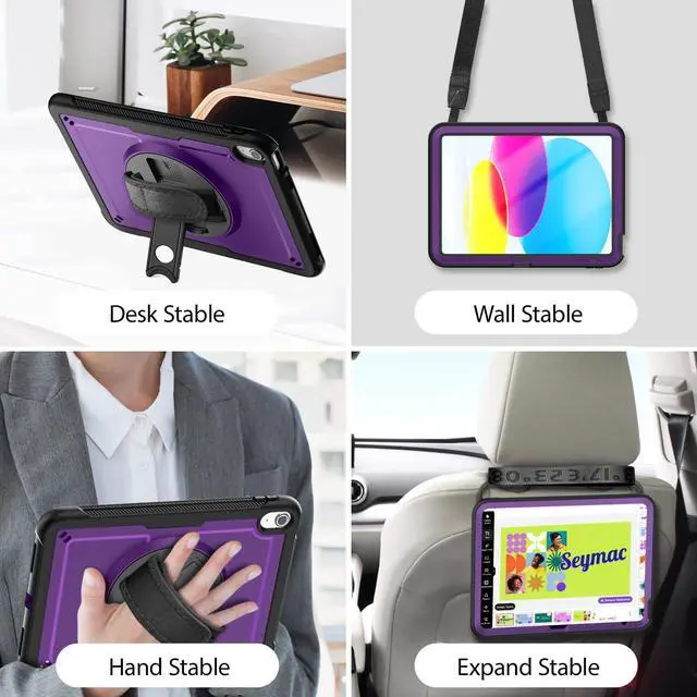 Alt view image 5 of 5 - KAIJIAbox Compatible with iPad A16 Case 11th/10th Generation 11/10.9 Inch 2025/2022, Heavy Duty Full-Body Protective Case with Screen Protector, Rotate Hand Strap & Stand, Pencil Holder, Purple