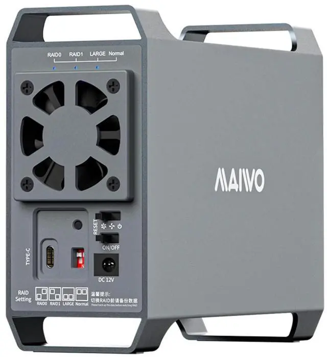 Main image of MAIWO Dual Bay RAID Enclosure for 2.5/3.5" SATA Drive with Cooling Fan, USB-C 3.1 SATAEnclosure for 48TB Capacity Expansion, 4 RAIDsMode(1/0/JBOD/NORMAL)