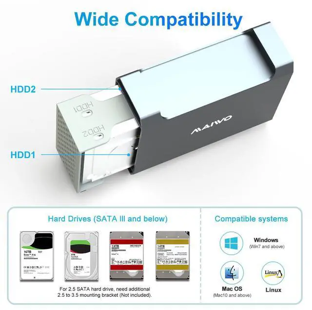 Alt view image 5 of 5 - MAIWO Dual Bay RAID Enclosure for 2.5/3.5" SATA Drive with Cooling Fan, USB-C 3.1 SATAEnclosure for 48TB Capacity Expansion, 4 RAIDsMode(1/0/JBOD/NORMAL)
