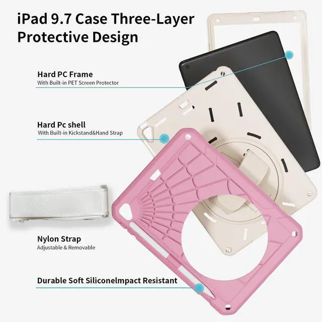 Alt view image 4 of 5 - Stweap Case for iPad 6th/5th Generation 9.7'' with Screen Protector Pencil Holder [360 Rotating Hand Strap] &Stand, Drop-Proof Case for iPad 6th/5th/ Air 2/ Pro 9.7-Pink+White