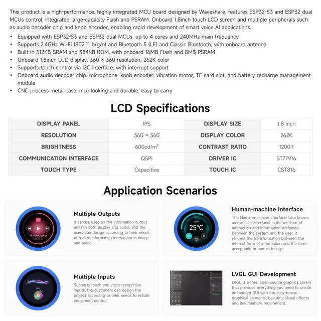 Alt view image 4 of 5 - waveshare ESP32-S3 1.8inch Knob Display Development Board, Multi-Functional Knob Screen, Capacitive Touch, 2.4GHz Wi-Fi and Bluetooth Wireless Connection, No BAT