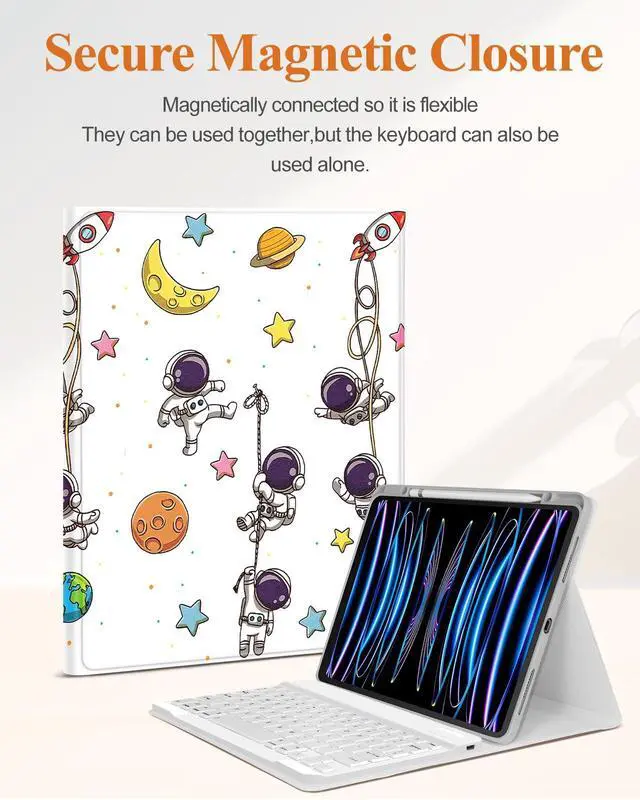 Alt view image 4 of 5 - Wazzasoft for iPad Air 13 inch Case Keyboard M2/M3, for iPad Pro 12.9 Case with Keyboard Pencil Holder Folio Women Girls Cute Kawaii for Apple Tablet Cover Air 13, Pro 12.9 inch, Astronaut
