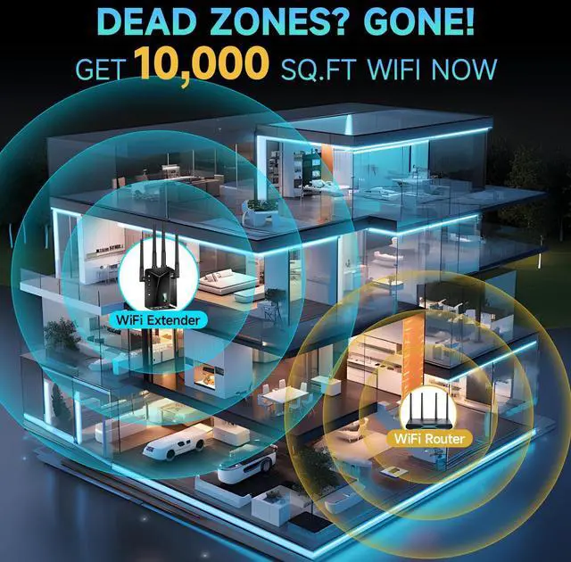 Alt view image 2 of 5 - WiFi Extender Signal Booster for Whole Home & Backyard - 10K Sq.Ft Coverage w/4 Antennas | 90% Faster Internet Booster w/Ethernet Port, Easy Setup Wireless Repeater Works with Any Router