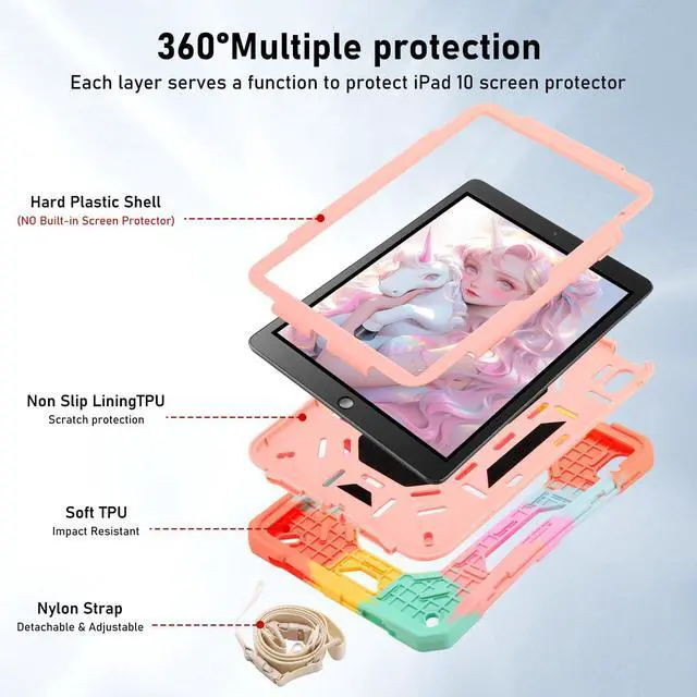 Alt view image 3 of 5 - for iPad (A16) 11th Generation 11 Inch 2025/iPad 10th Generation Case 10.9 Inch 2022 with 360 Rotating Grip Magic Stand,Pen Slot/Key Chain/Shoulder Strap,Case for iPad 10th Gen (Colorful Pink)