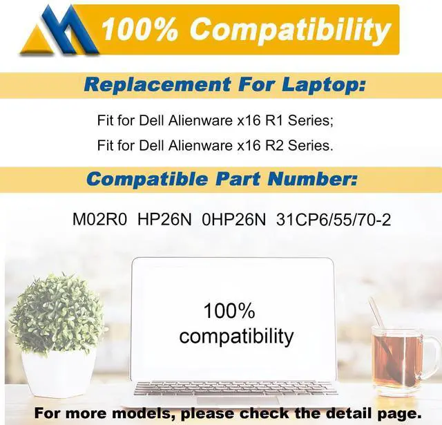 Alt view image 5 of 5 - 6-Cell 90Wh M02R0 Laptop Battery Replacement for Dell Alienware X16 R1 R2 Series P120F P120F007 P120F008 MO2R0 HP26N 0HP26N 0MRWR6 MO2R0 11.4V 7698mAh