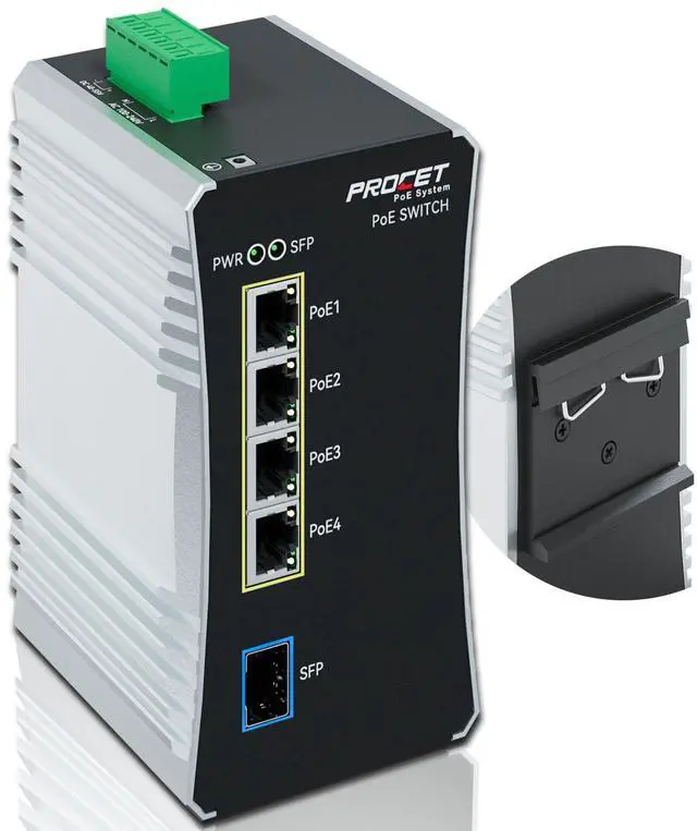 Main image of PROCET Gigabit PoE Switch 4-Port Din Rail, 90W/Port, Industrial PoE++ Fiber Media Converter with Wide Temp -40°F to 149°F, SFP Slot, AC/DC Input, IEEE802.3af/802.3at/802.3bt, PT-PIS4PB1S-AC