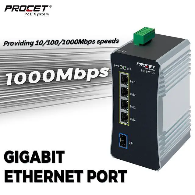 Alt view image 4 of 5 - PROCET Gigabit PoE Switch 4-Port Din Rail, 90W/Port, Industrial PoE++ Fiber Media Converter with Wide Temp -40°F to 149°F, SFP Slot, AC/DC Input, IEEE802.3af/802.3at/802.3bt, PT-PIS4PB1S-AC