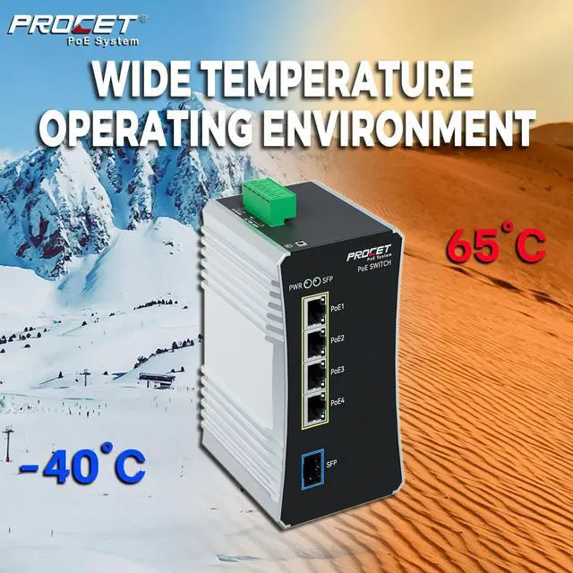 Alt view image 5 of 5 - PROCET Gigabit PoE Switch 4-Port Din Rail, 90W/Port, Industrial PoE++ Fiber Media Converter with Wide Temp -40°F to 149°F, SFP Slot, AC/DC Input, IEEE802.3af/802.3at/802.3bt, PT-PIS4PB1S-AC