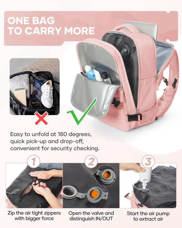 Alt view image 4 of 5 - VENATIN Vacuum Backpack Travel,Travel Backpack with Vacuum System,Vacuum Seal Compression Backpack with Pump for Travel,Flight Approved 18x14x8 inches Laptop Bag,Pink
