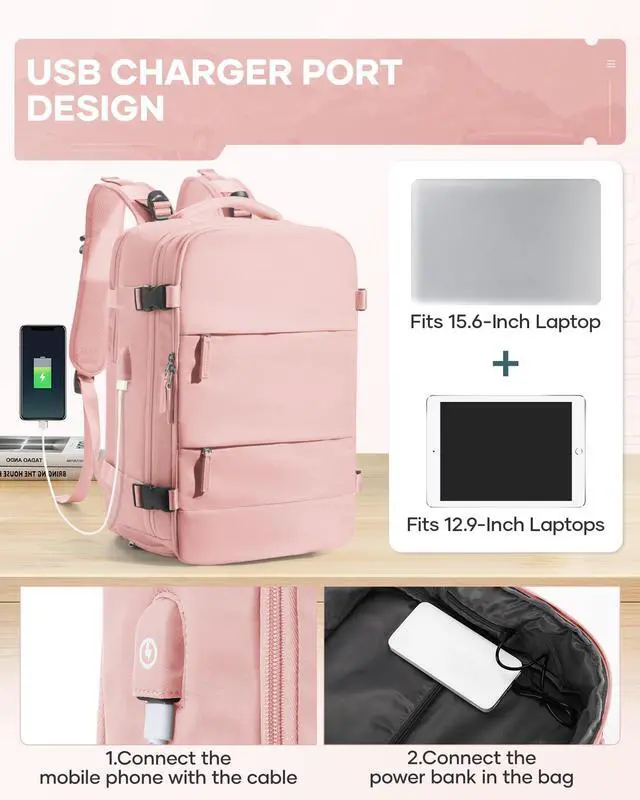 Alt view image 5 of 5 - VENATIN Vacuum Backpack Travel,Travel Backpack with Vacuum System,Vacuum Seal Compression Backpack with Pump for Travel,Flight Approved 18x14x8 inches Laptop Bag,Pink