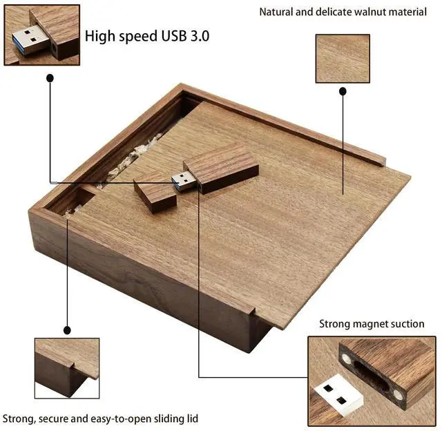Alt view image 3 of 5 - Wood USB Flash Drive with Gift Box (6.73"x6.73"x1.38") TATMOHIK 8GB USB 3.0 Wedding USB Memory for Storing Photos Walnut Wooden Thumb Drive for Keepsakes for Wedding, Birthday, Valentines Day