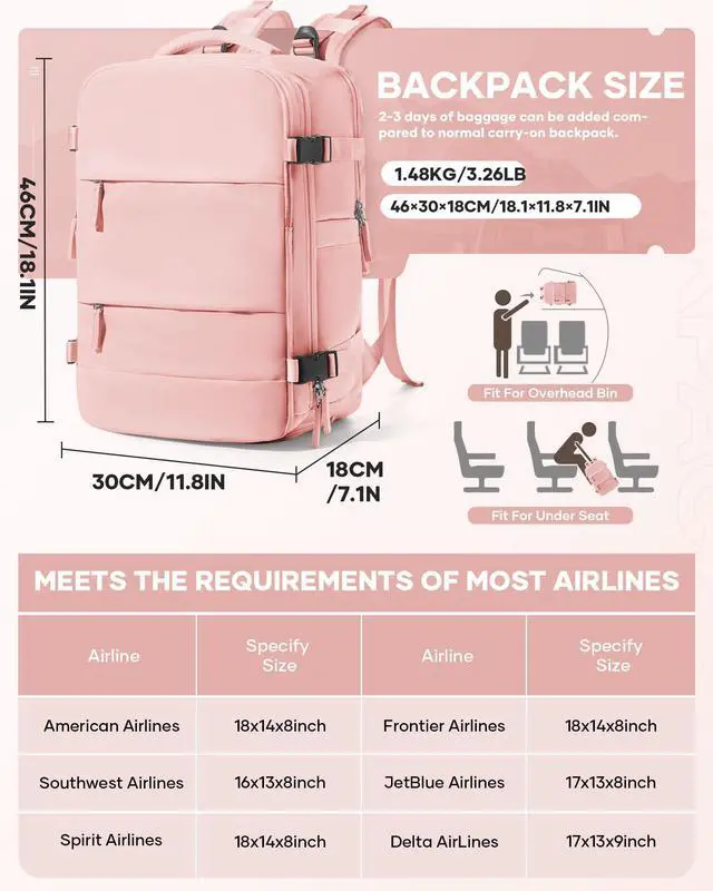 Alt view image 2 of 5 - VENATIN Vacuum Backpack Travel,Travel Backpack with Vacuum System,Vacuum Seal Compression Backpack with Pump for Travel,Flight Approved 18x14x8 inches Laptop Bag,Pink