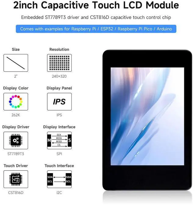 Alt view image 3 of 5 - Waveshare 2inch Capacitive Touch Display Module, Compatible with Raspberry Pi 5/4B/3B/Pico/Pico W/Pico WH, ESP32, IPS Display, 262K Colors, 240×320 Resolution