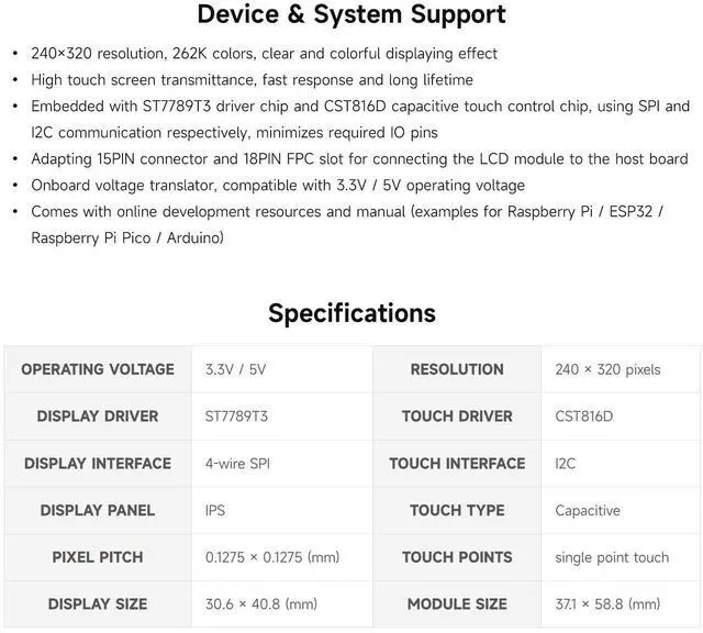 Alt view image 4 of 5 - Waveshare 2inch Capacitive Touch Display Module, Compatible with Raspberry Pi 5/4B/3B/Pico/Pico W/Pico WH, ESP32, IPS Display, 262K Colors, 240×320 Resolution