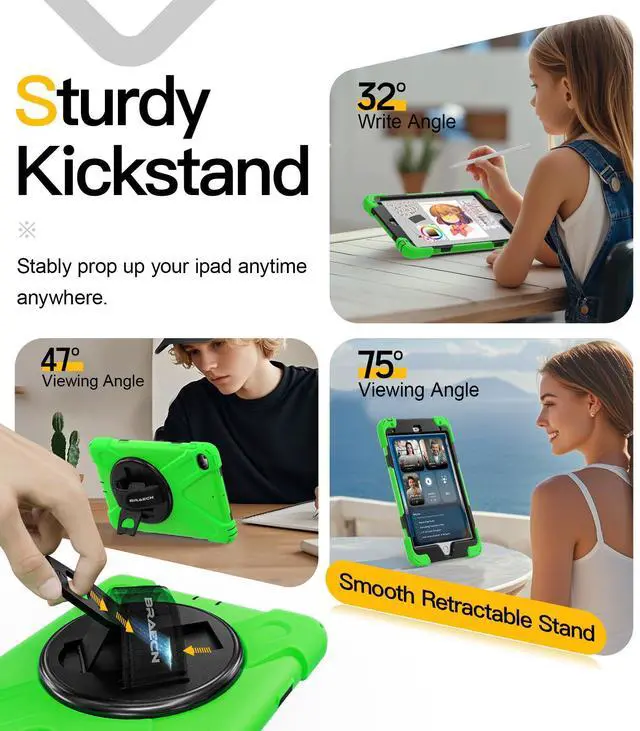 Alt view image 3 of 5 - BRAECN for iPad mini 4 Case,iPad mini 5 Case,Drop Protection Rugged Protective Heavy Duty with 360 Degree Swivel Stand/Hand Strap/Shoulder Strap for iPad mini 4/5 Case(Green)