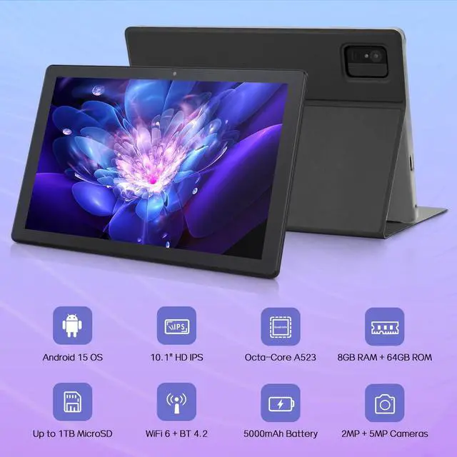 Alt view image 2 of 5 - Android Tablet, 10.1 inch Tablet with Case, Android 15 Tablets for Adults, Octa-Core, 8GB RAM 64GB ROM, 1TB Expandable, WiFi 6, GPS, Dual Camera, 5000mAh Battery  Black
